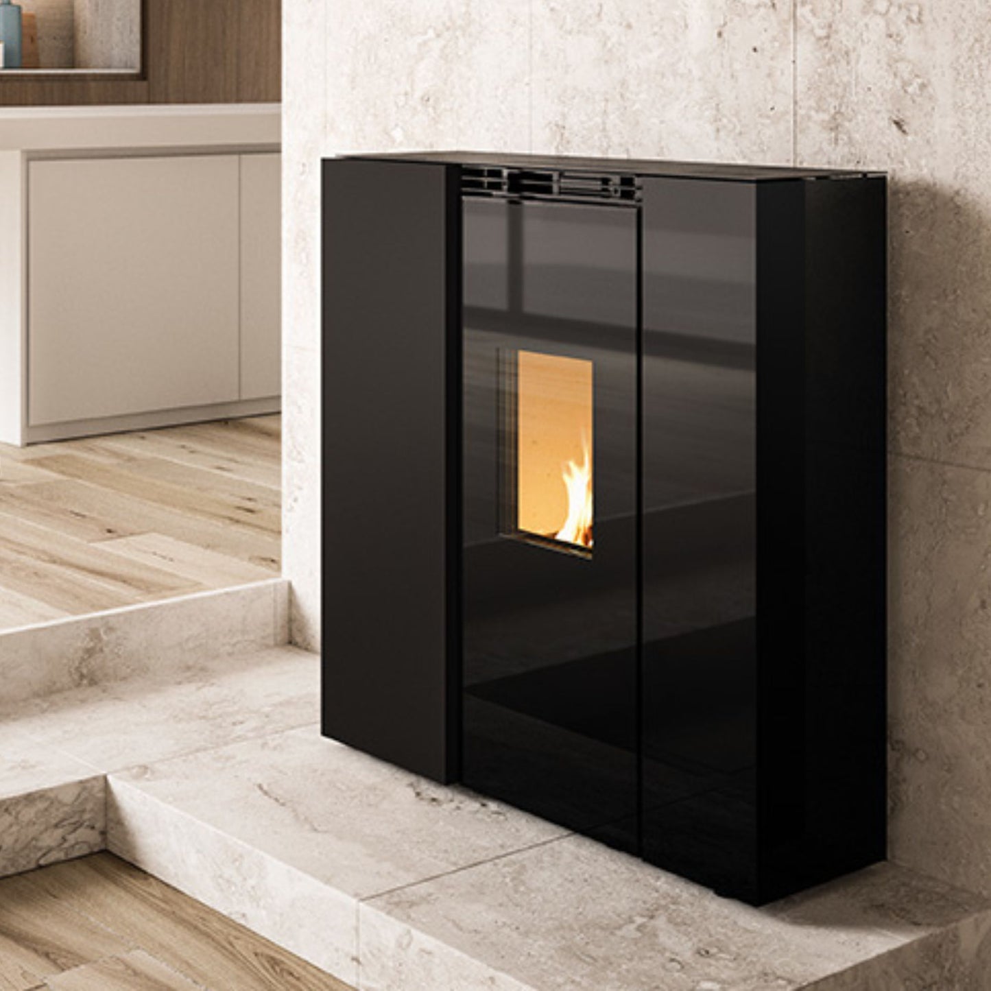 STUFA A PELLET Ecofire Tiffany Idro 21kW PALAZZETTI idro ventilata con braciere autopulente, doppio vetro e combustione totale acqua A++