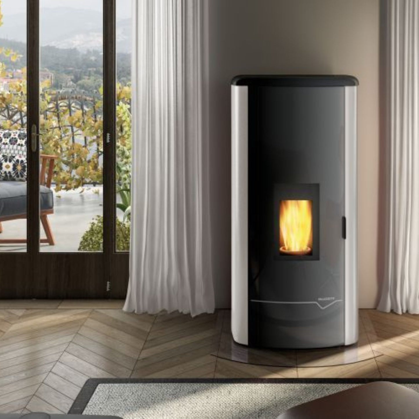 STUFA A PELLET Ecofire Mirella Idro 13 acqua PALAZZETTI ad alta efficienza con vetro ceramico autopulente e gruppo idraulico integrato