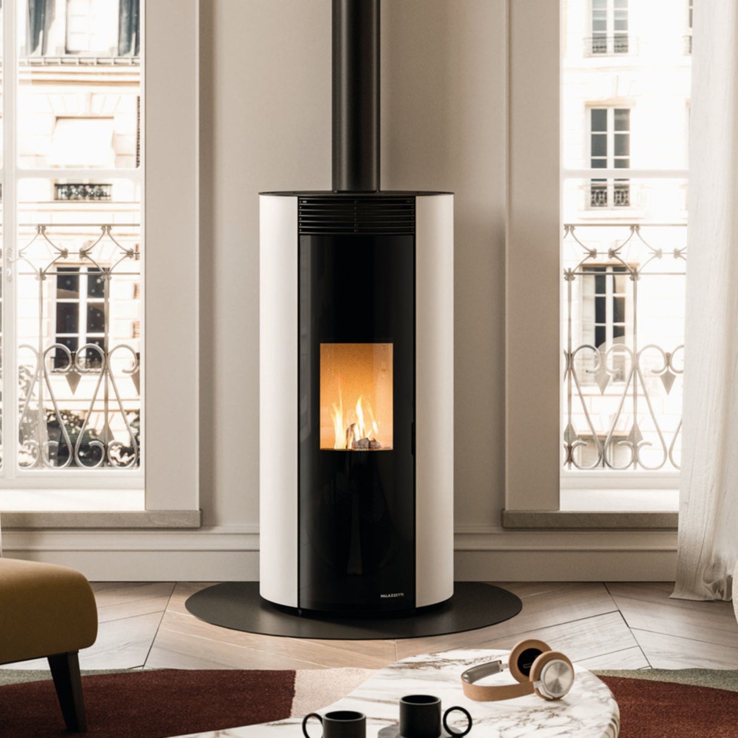 STUFA A PELLET ECOFIRE EMILY 6 US Aria ventilata 6kW PALAZZETTI ermetica uscita fumi superiore coassiale design rotondo autopulente 5 stelle