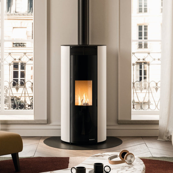 STUFA A PELLET ECOFIRE EMILY 6 US Aria ventilata 6kW PALAZZETTI ermetica uscita fumi superiore coassiale design rotondo autopulente 5 stelle