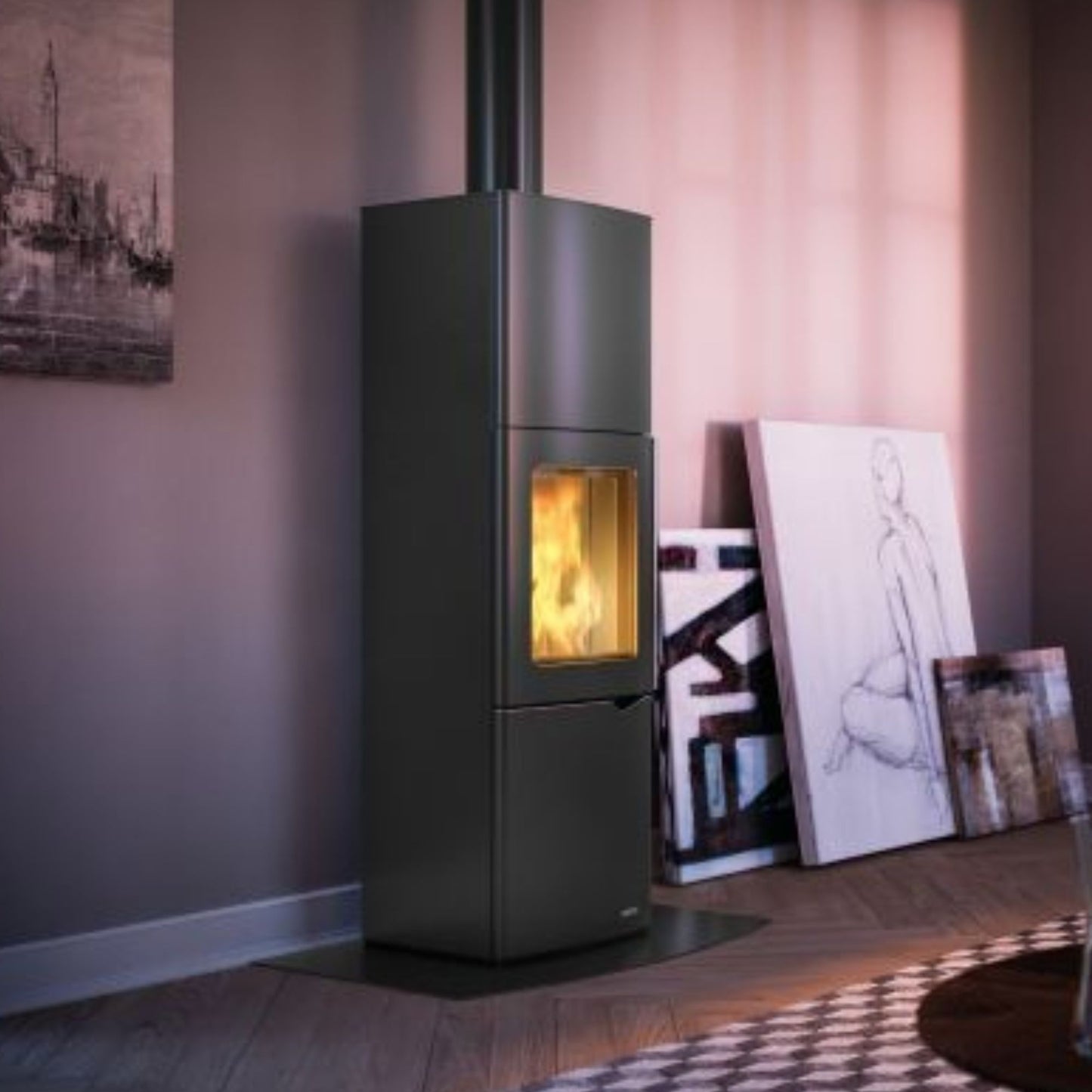 STUFA A LEGNA EVA S CON ACCUMULO e tecnologia After Flame Aria irraggiamento 8kW A PALAZZETTI per rilascio graduale del calore fino a 10 ore dopo lo spegnimento