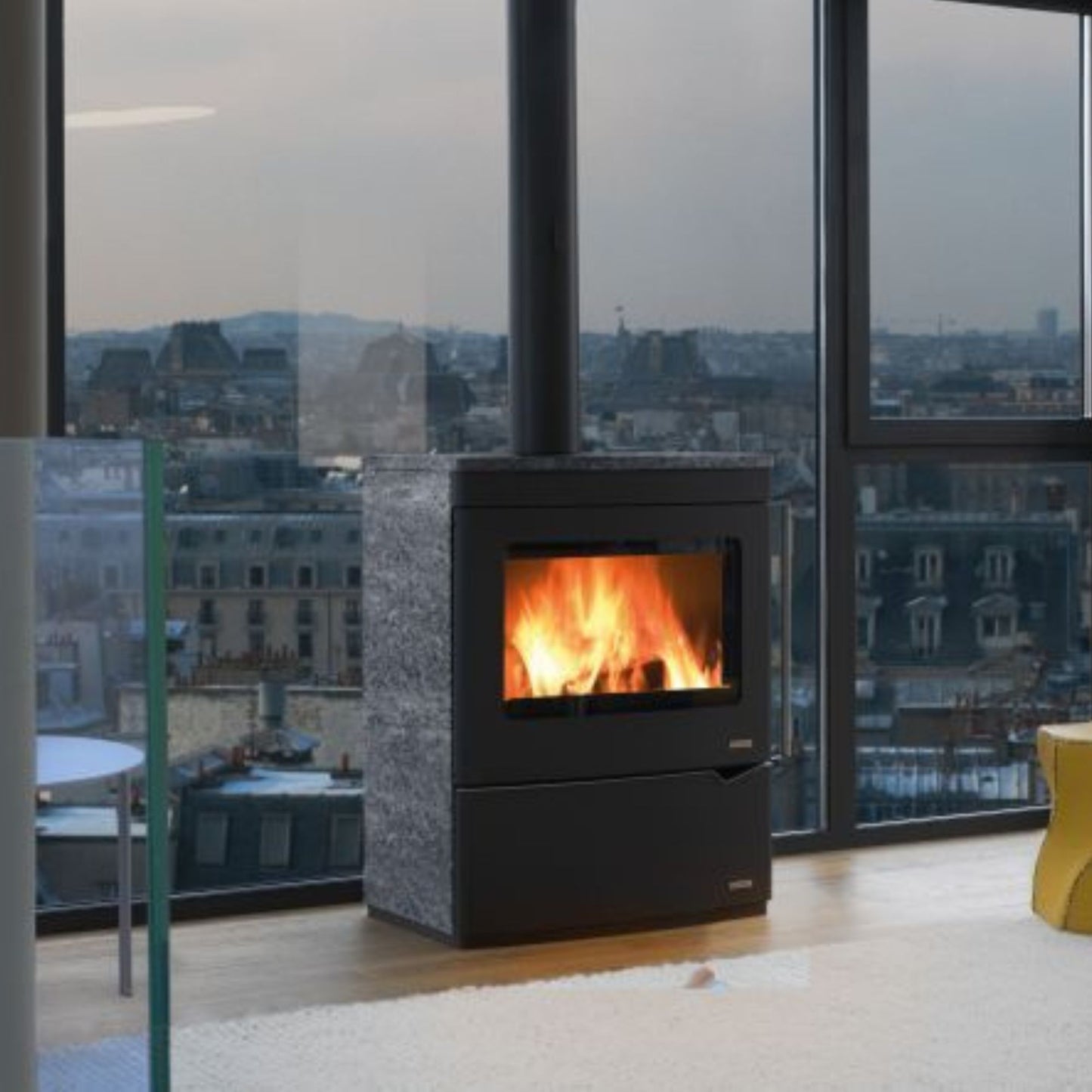 STUFA A LEGNA NICOLE Aria Irraggiamento 9kW A PALAZZETTI in acciaio o pietra ollare con grande focolare per legna lunga e riscaldamento per irraggiamento