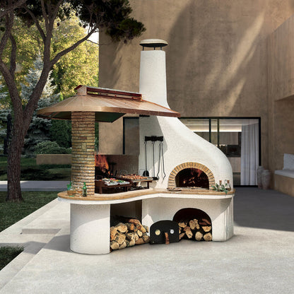 Barbecue in cemento con forno Vulcano Palazzetti marmo Giallo Reale e cappa in rame